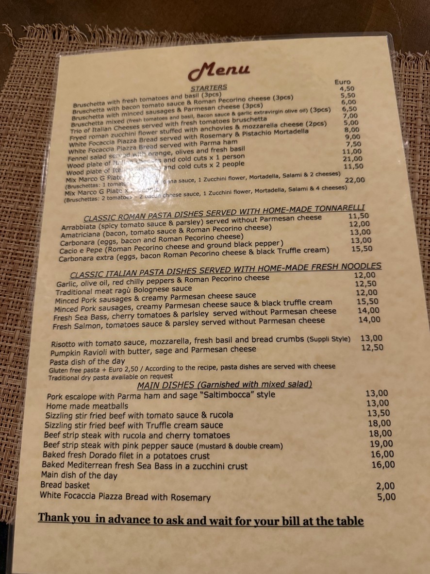 Marco G Osteria menu 1