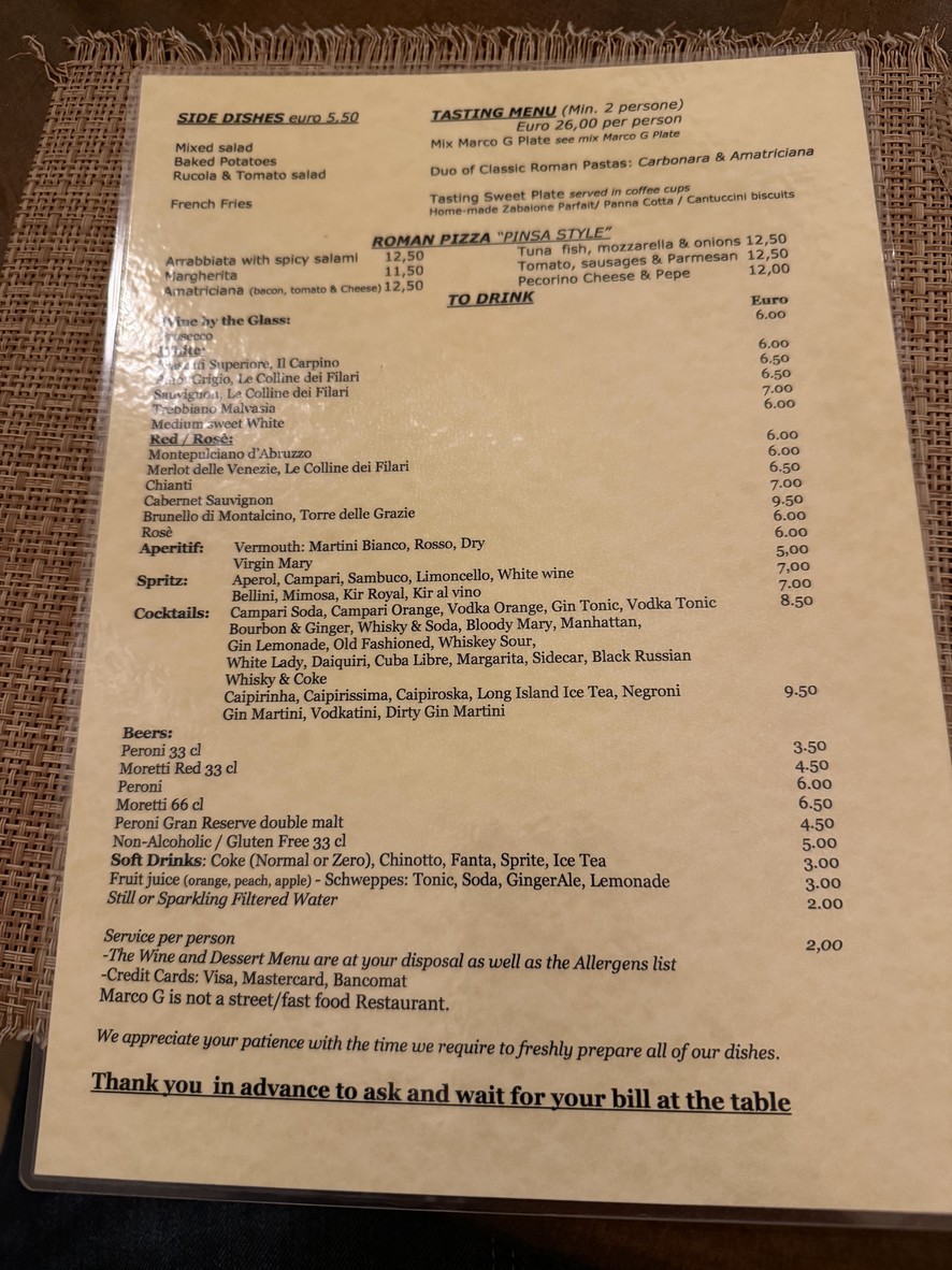 Marco G Osteria menu 2
