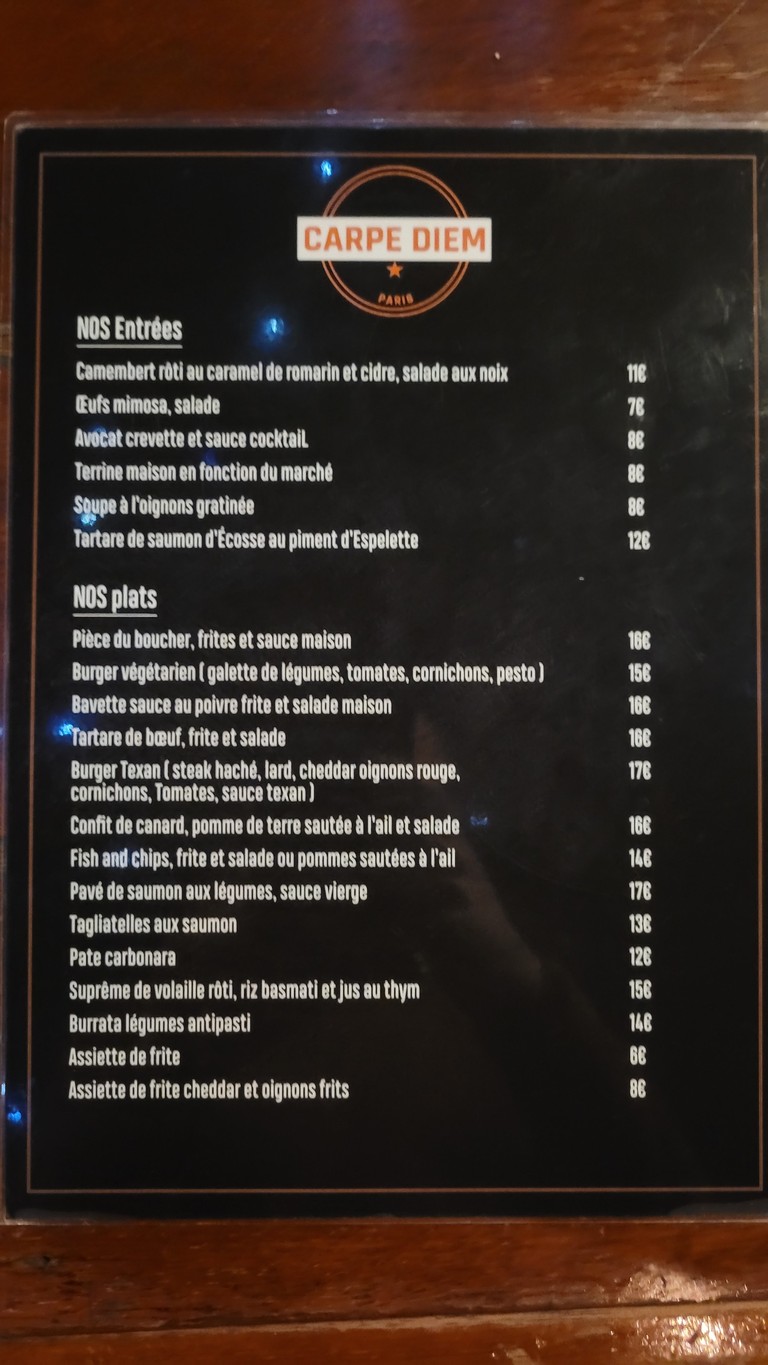 Carpe Diem Café - Paris menu 1