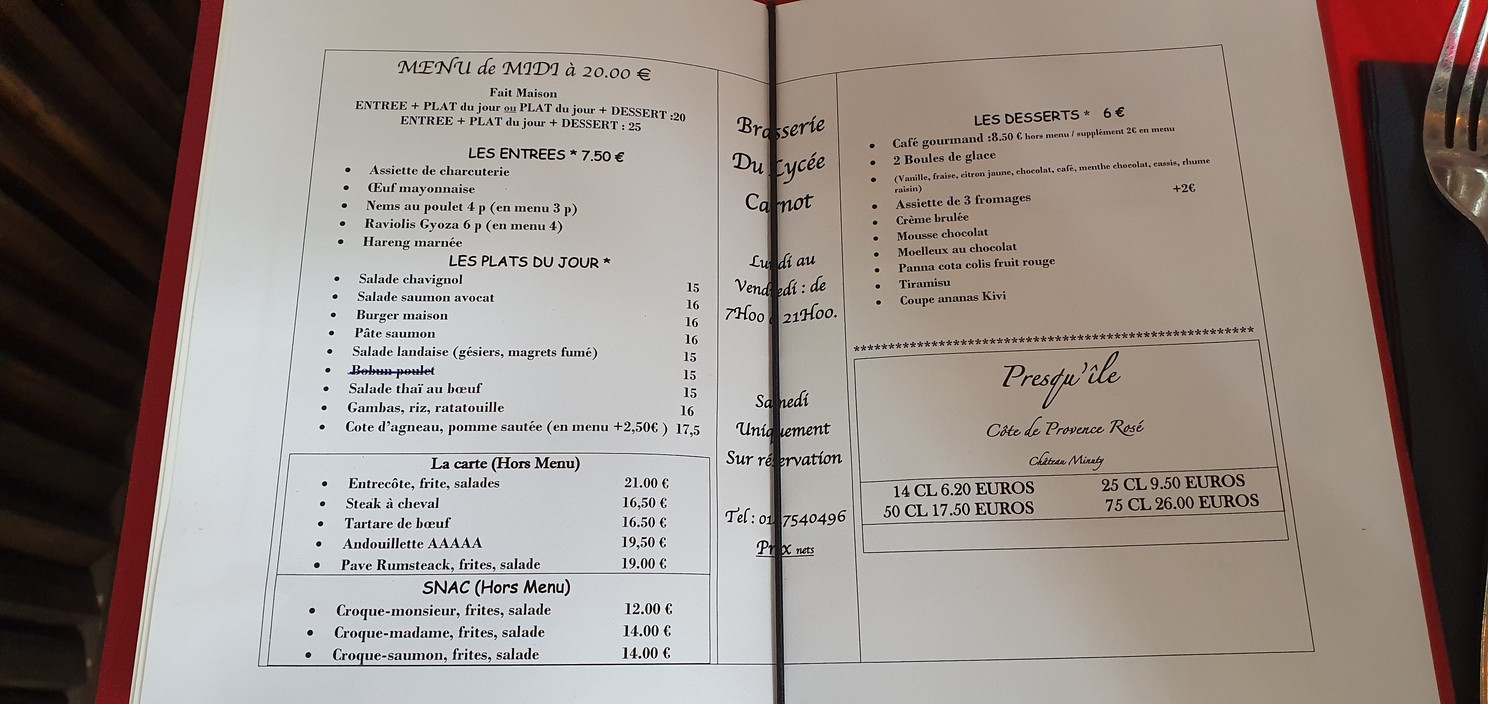 Brasserie du lycée carnot menu 1