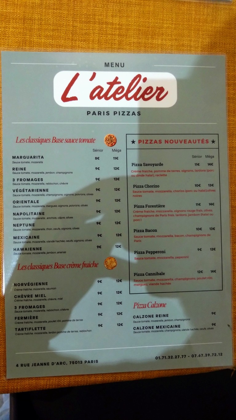 L'ATELIER PARIS PIZZAS menu 1