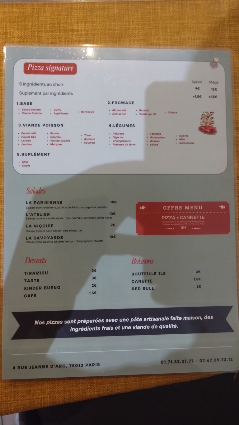 L'ATELIER PARIS PIZZAS menu 2