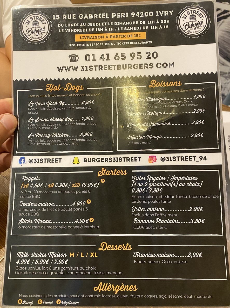 31 STREET BURGERS - 94200 IVRY menu 1