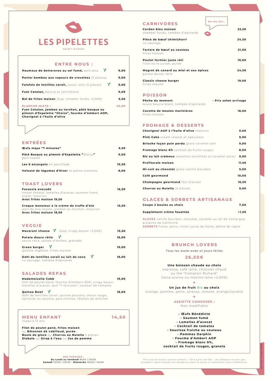Les Pipelettes - Saint Cloud menu 1
