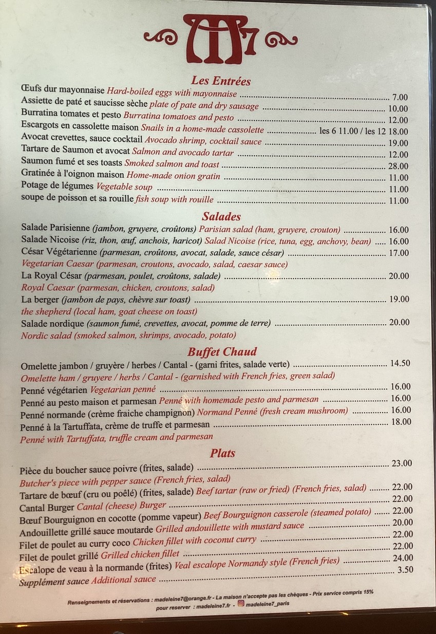 Madeleine 7 menu 1