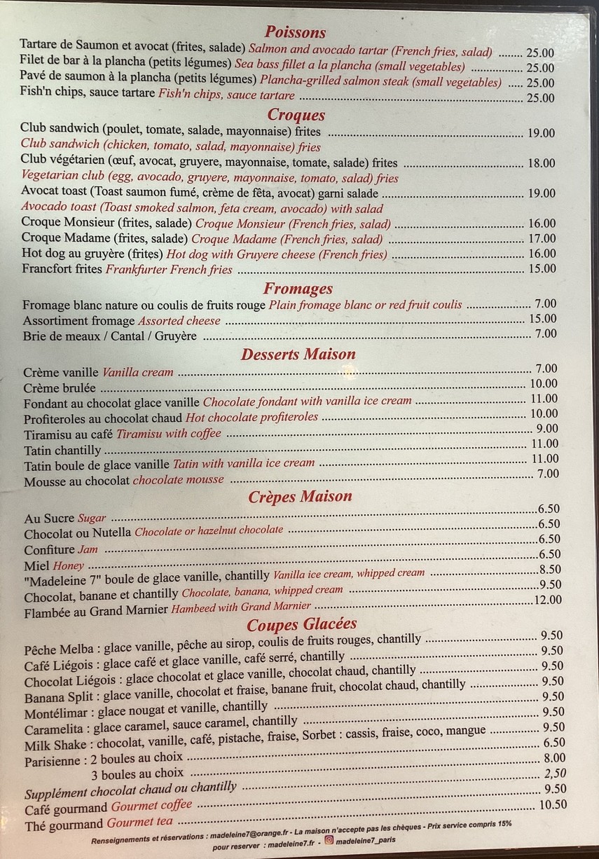 Madeleine 7 menu 2
