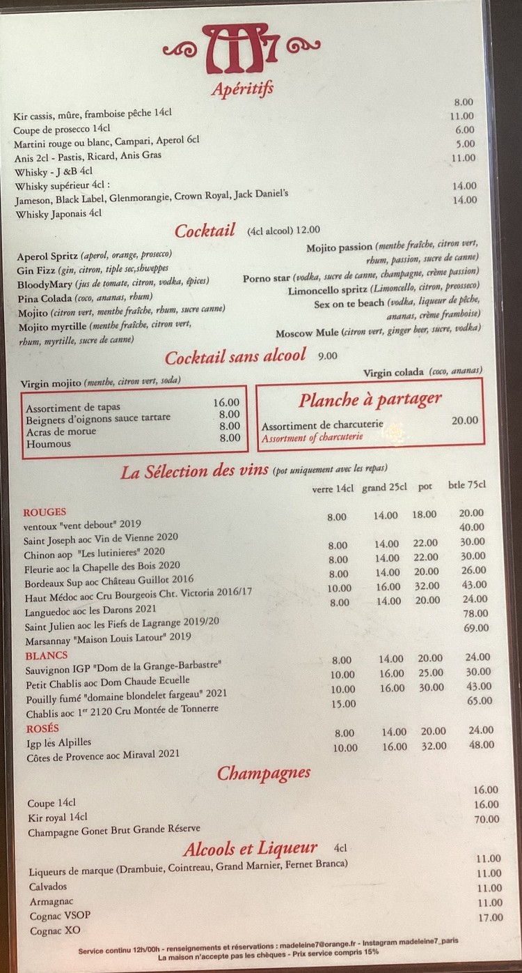 Madeleine 7 menu 3