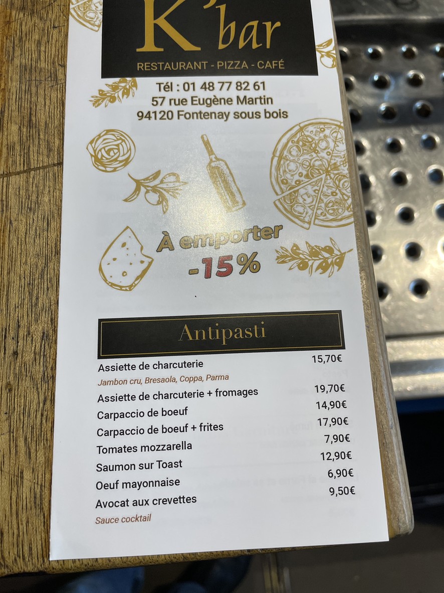 K Bar Pizza menu 1