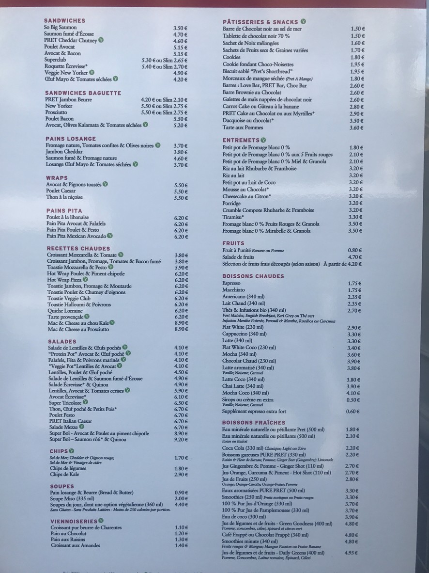 Pret A Manger Louvre menu 1
