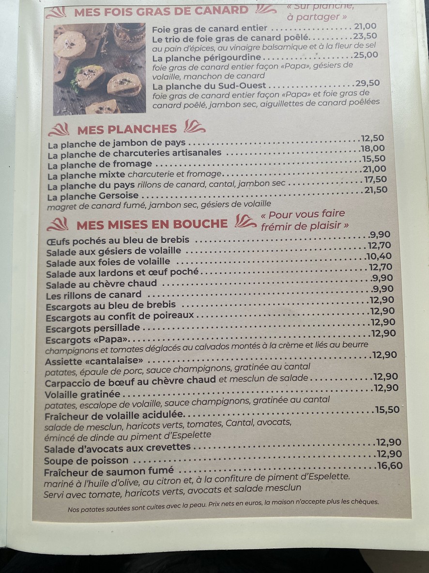 Chez Papa Paris 19 menu 2