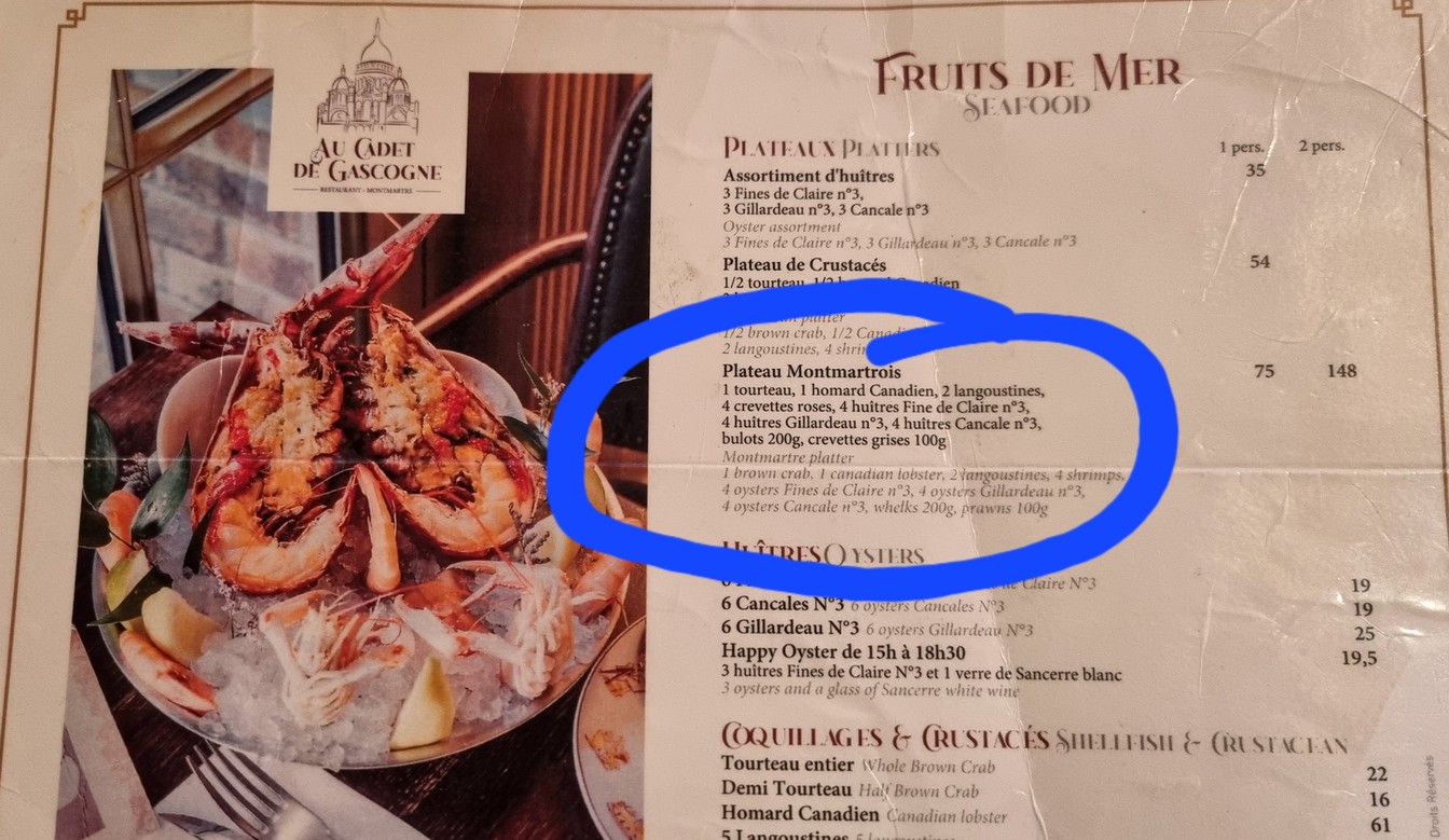 Au Cadet de Gascogne menu 2