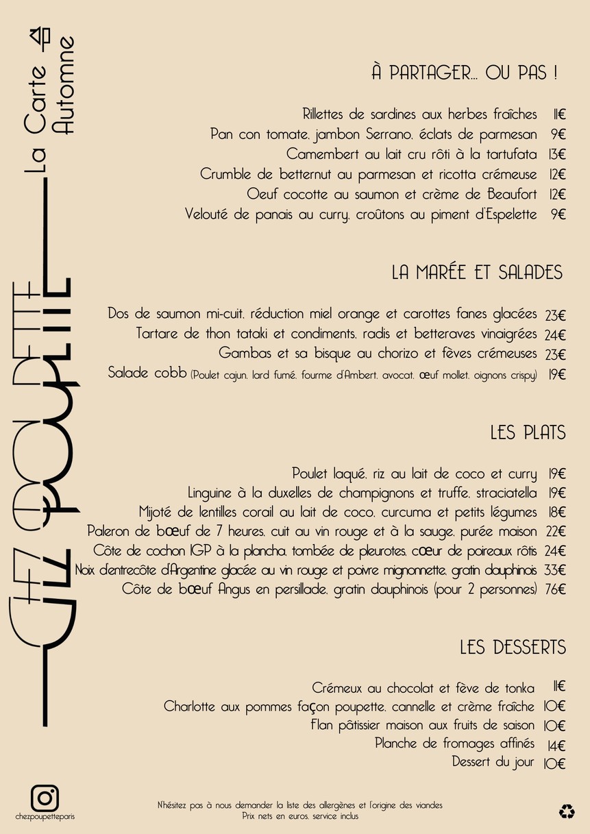 Chez Poupette Paris menu 1