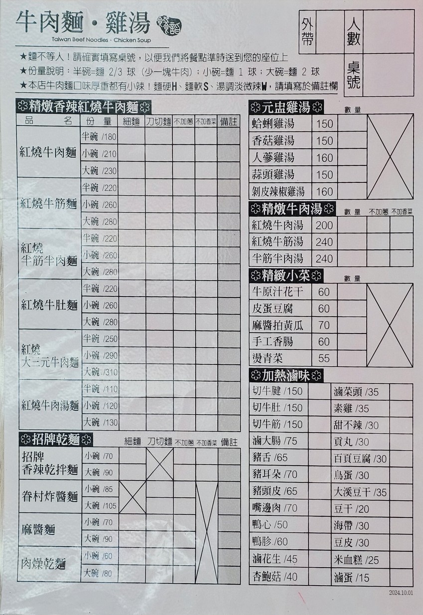 Niú ròu miàn. Jī tāng menu 1