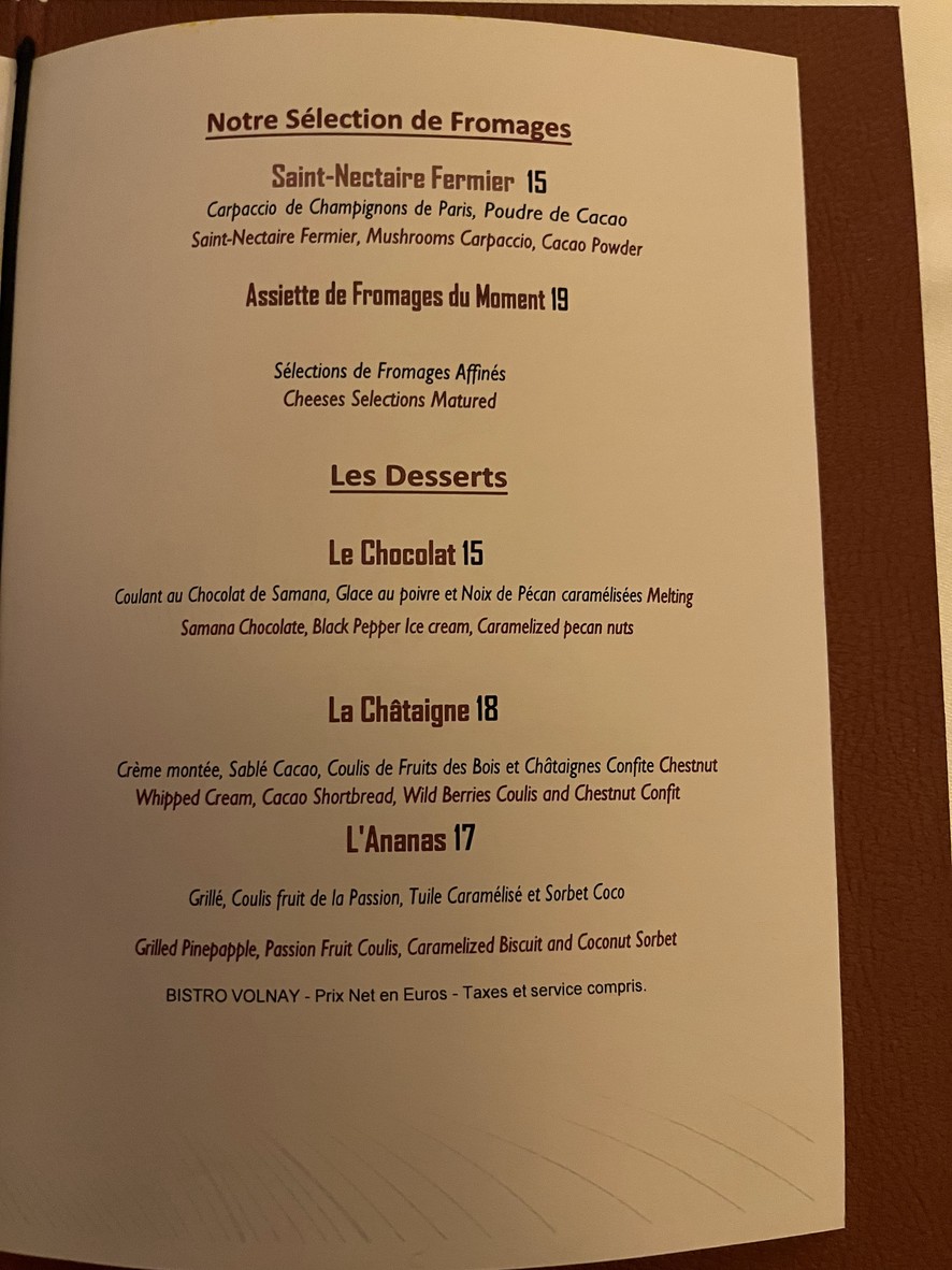 Bistro Volnay menu 3