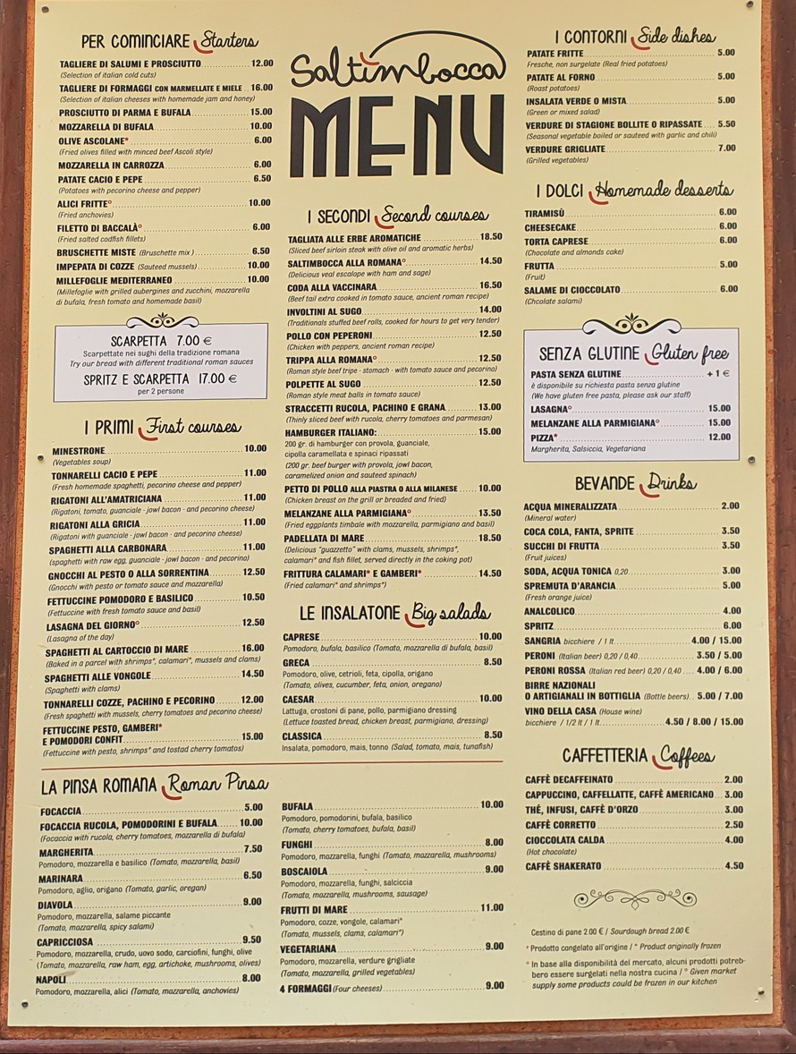 Saltimbocca ristorante menu 1