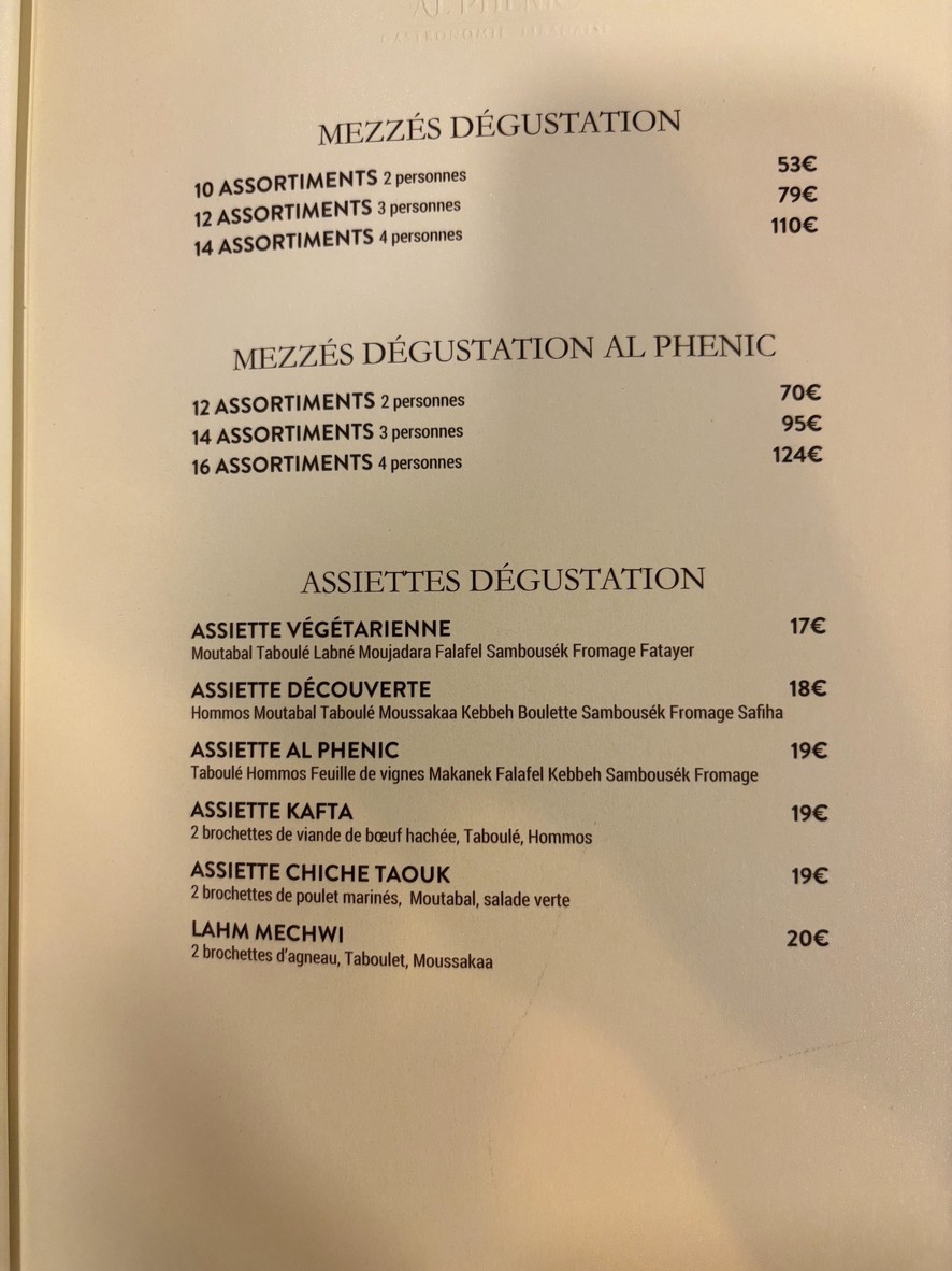 AL PHENIC Restaurant Libanais menu 1