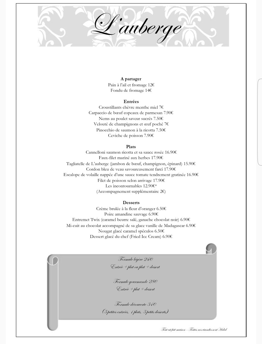 Bar Restaurant l’Auberge menu 1