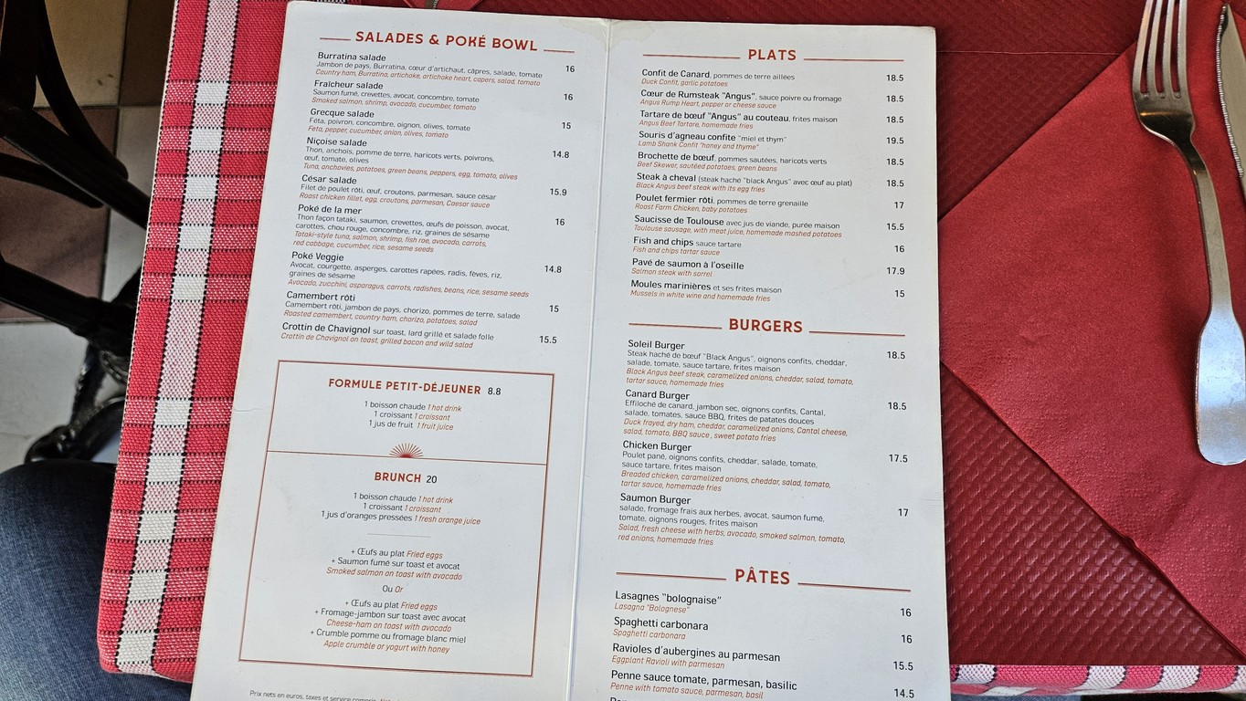 Au Soleil de la Butte menu 1