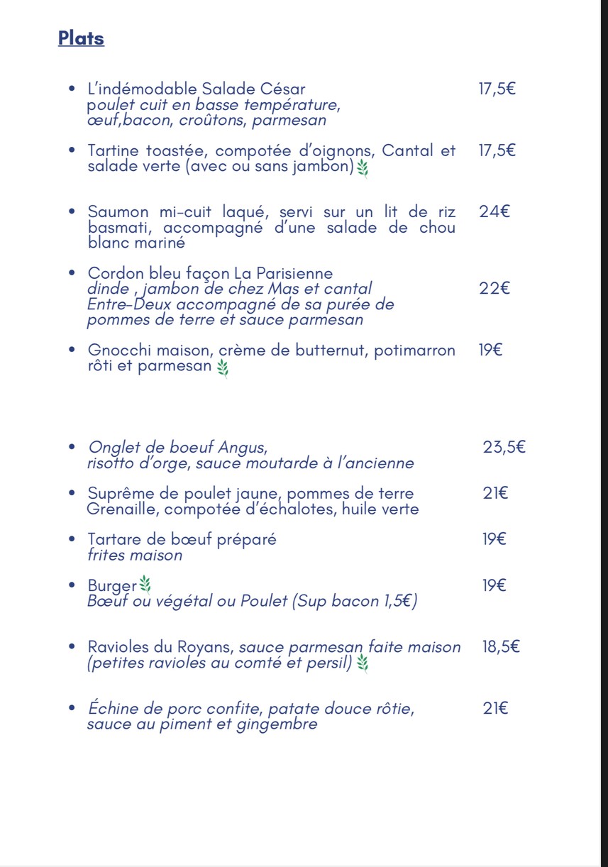 La Parisienne menu 2