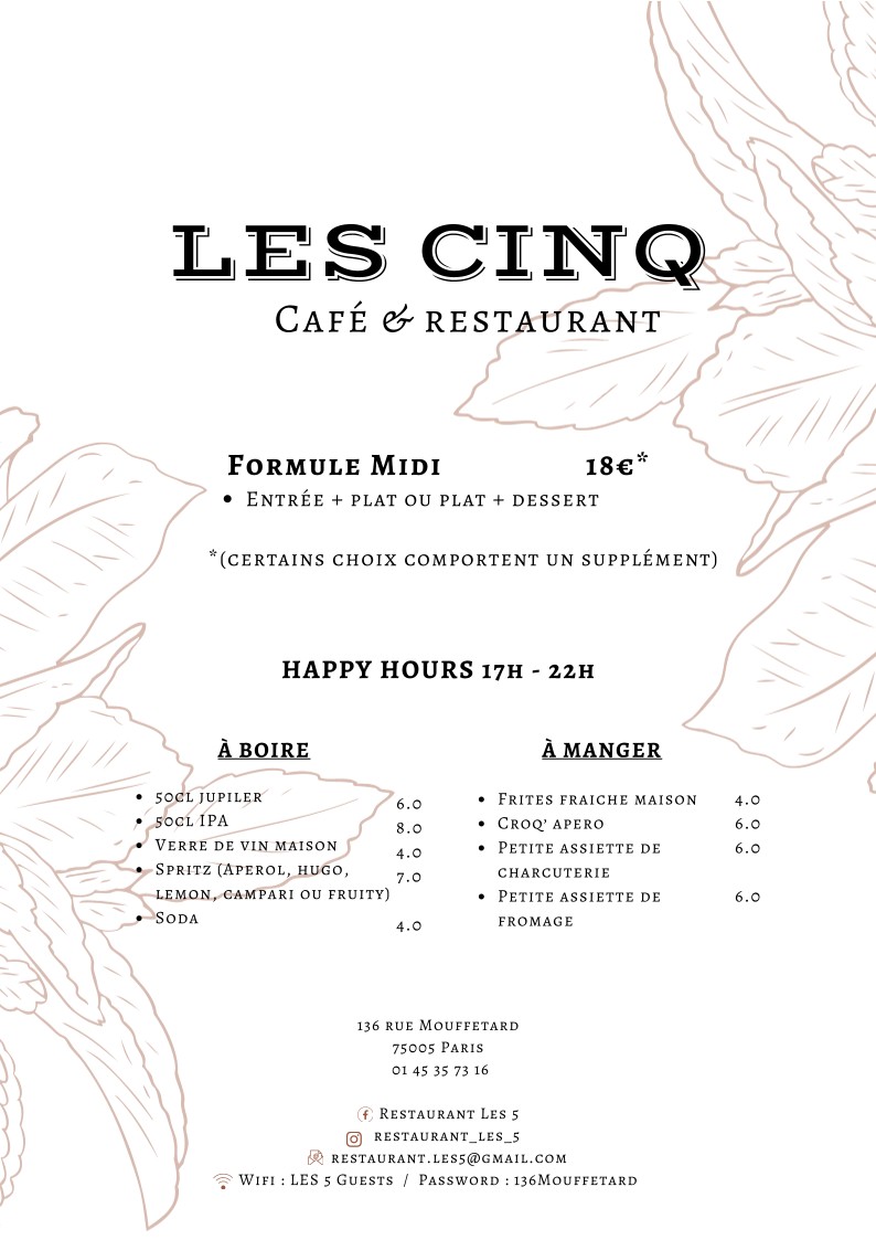 Restaurant Les 5 menu 1