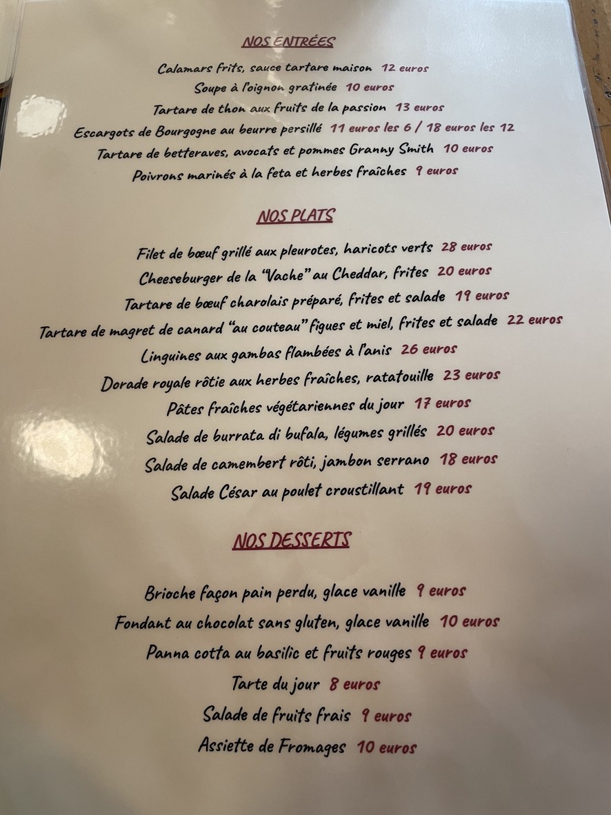 La Vache Acrobate menu 1