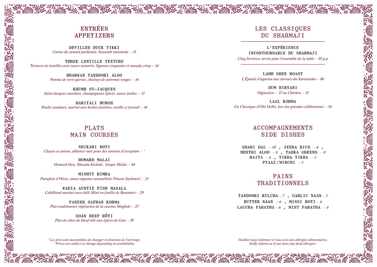 Sharma Ji menu 1