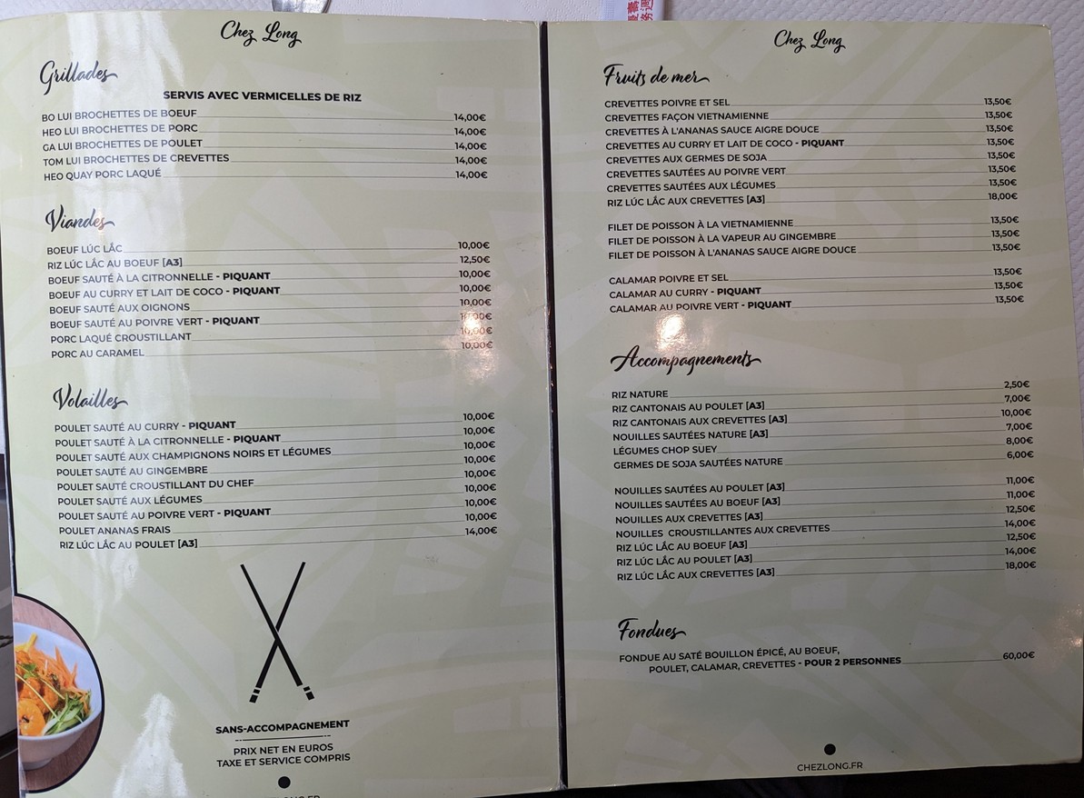 Chez Long, cuisine vietnamienne menu 2