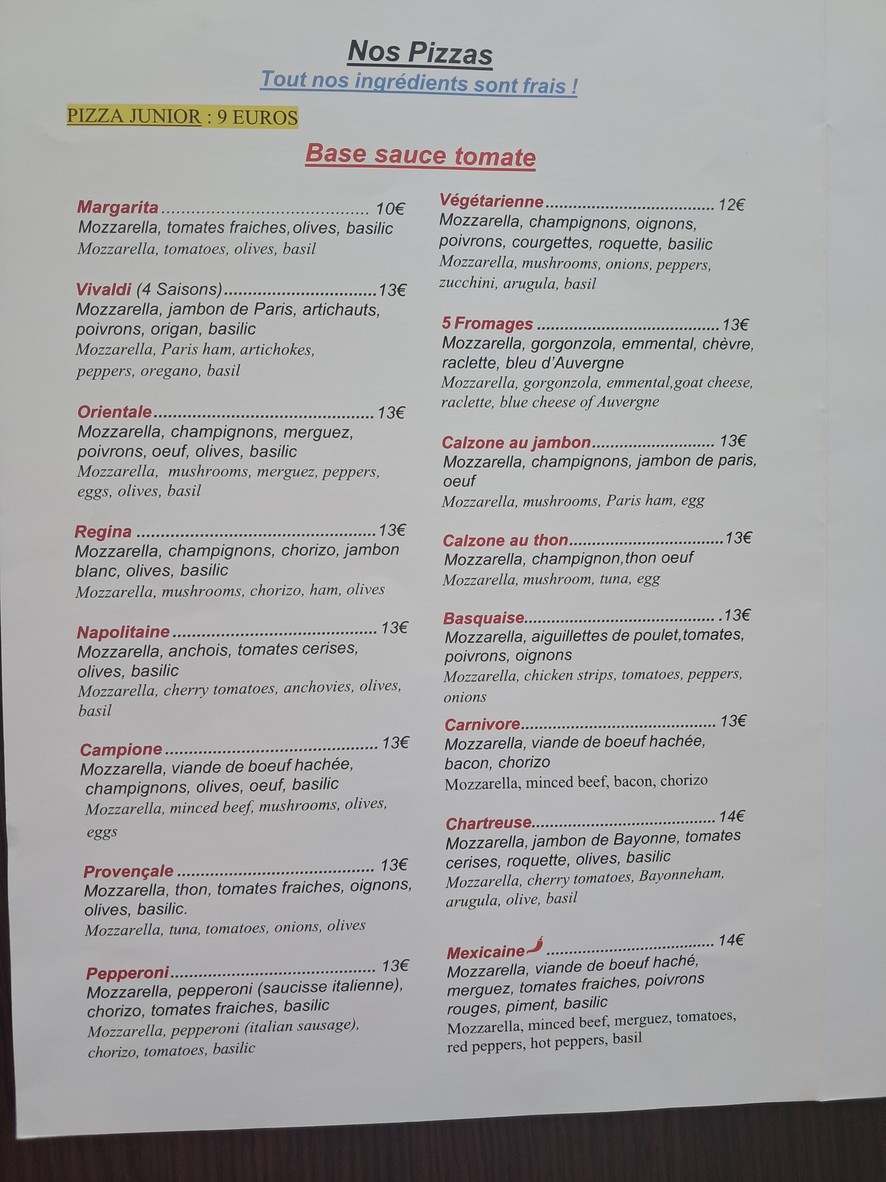 Pizzeria restaurant Mirabella menu 2