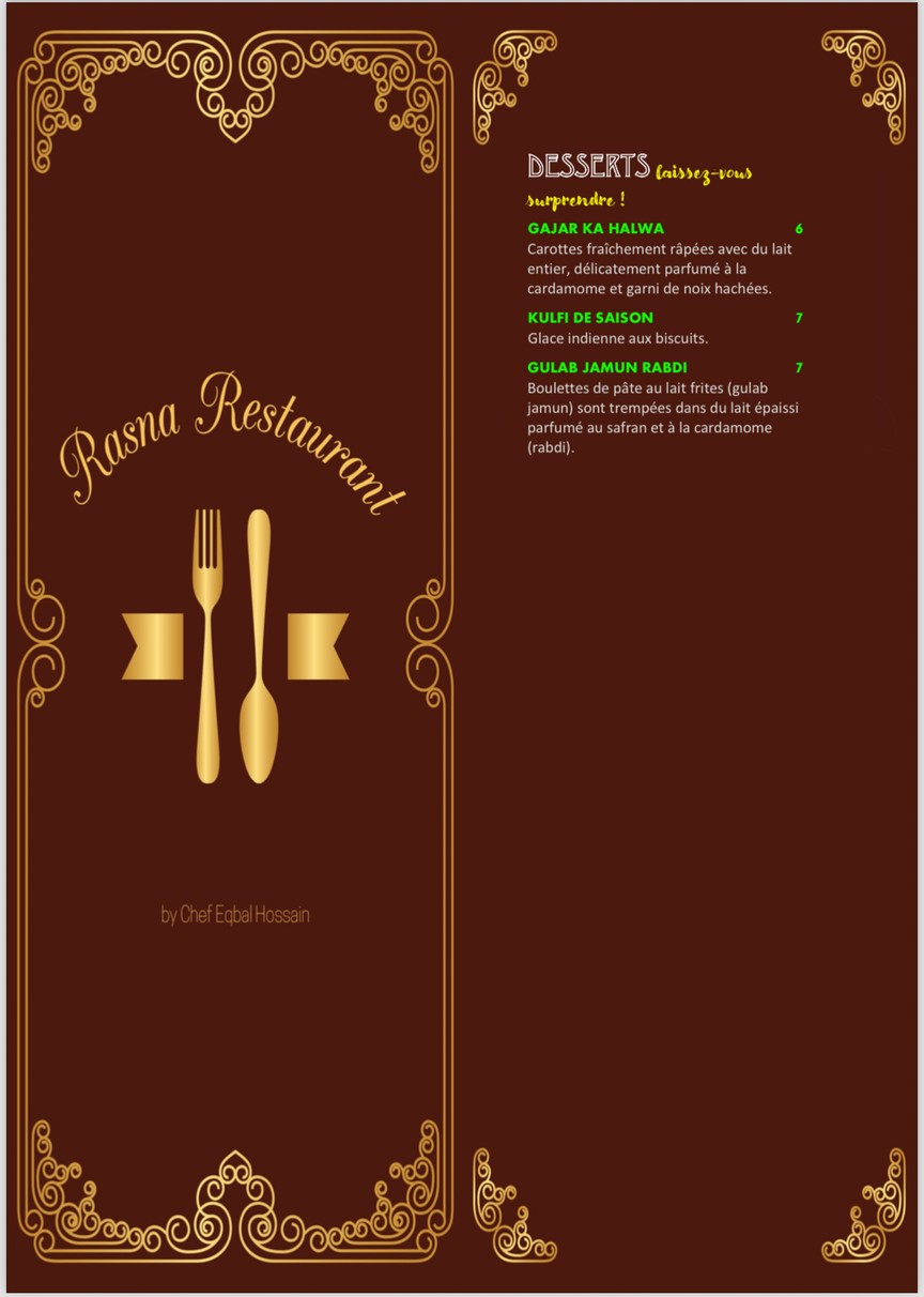 Rasna – Restaurant Indien Paris 15 menu 1