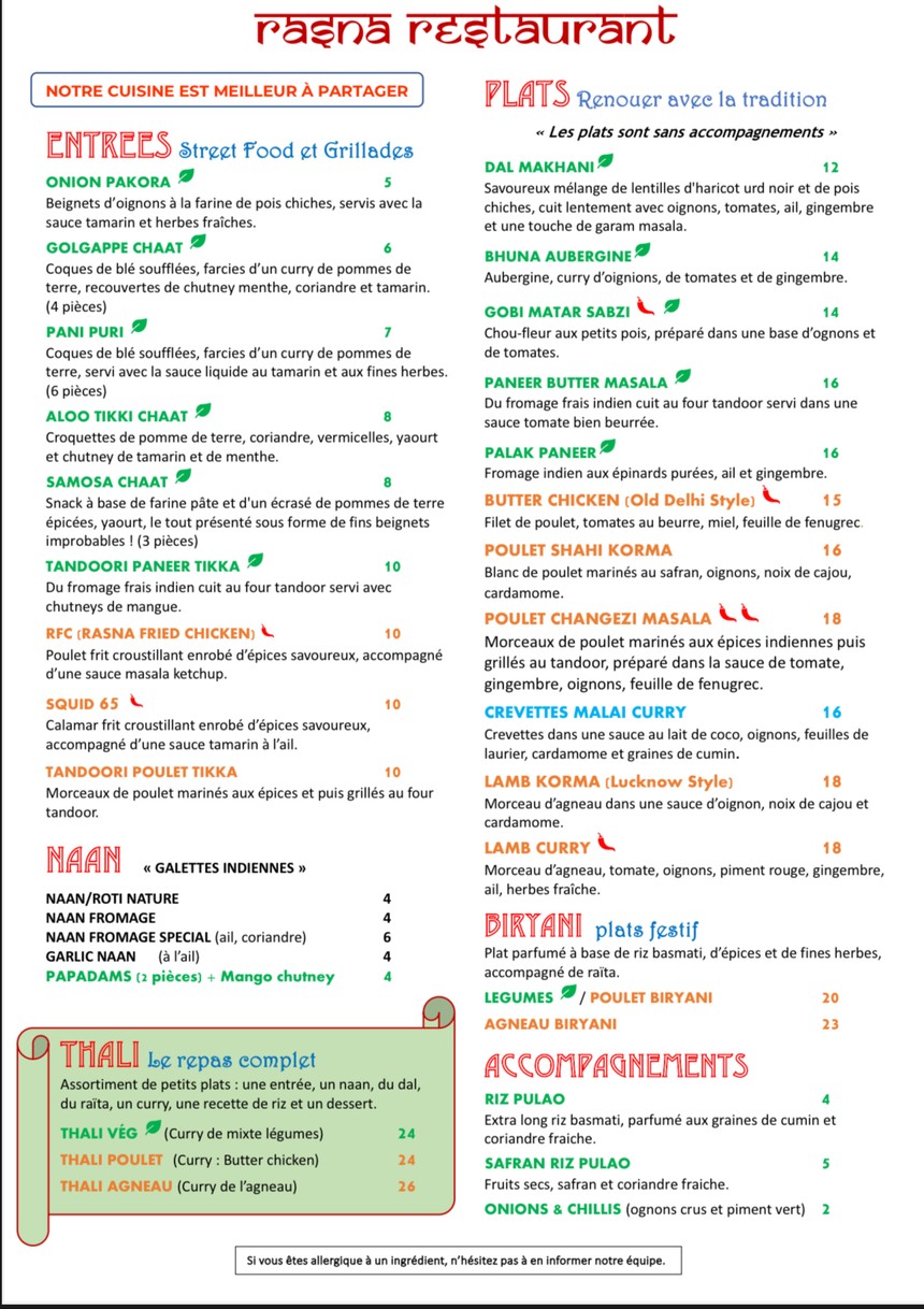 Rasna – Restaurant Indien Paris 15 menu 3