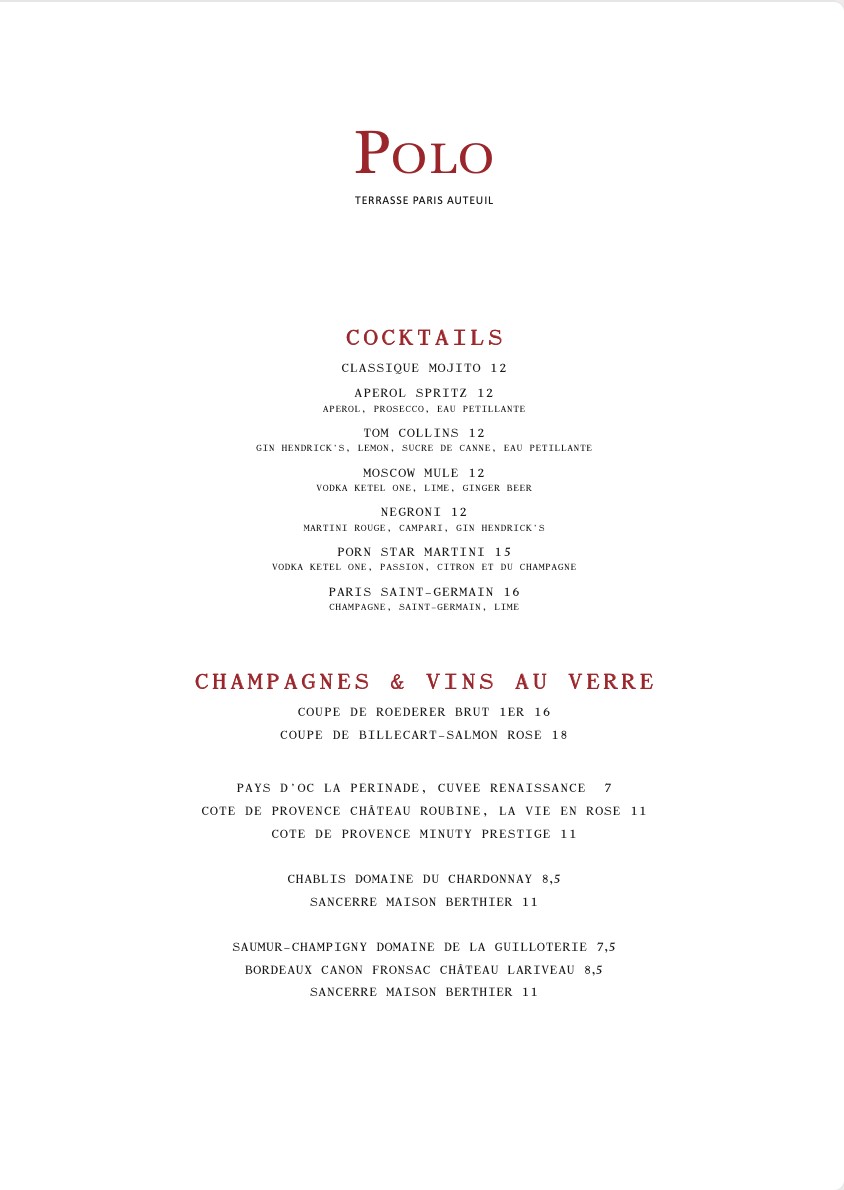 Polo Auteuil Restaurant menu 1
