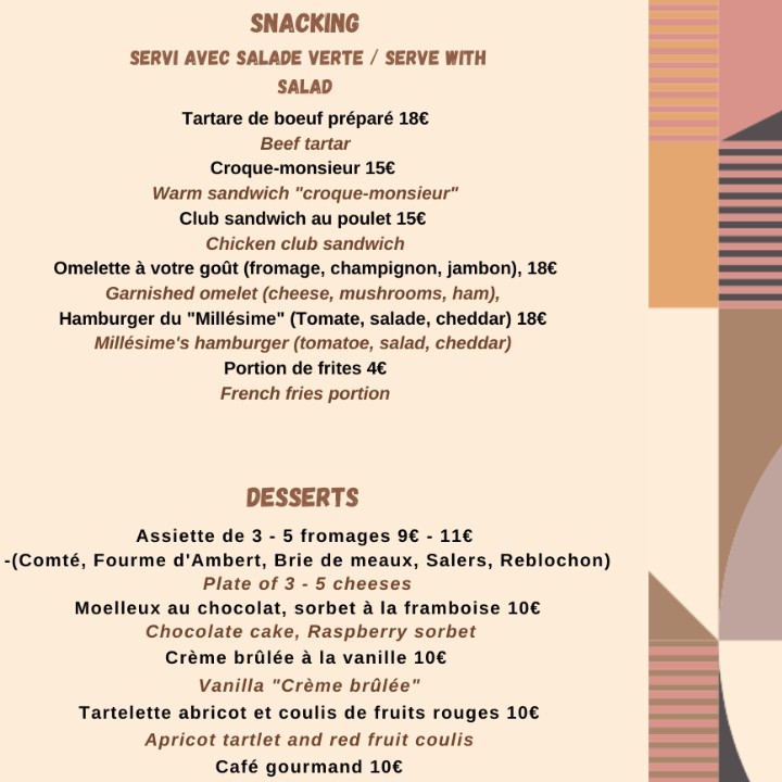 Bistro Millésime menu 2