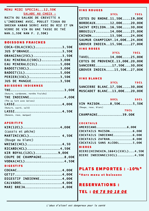 Restaurant Zafran paris menu 2