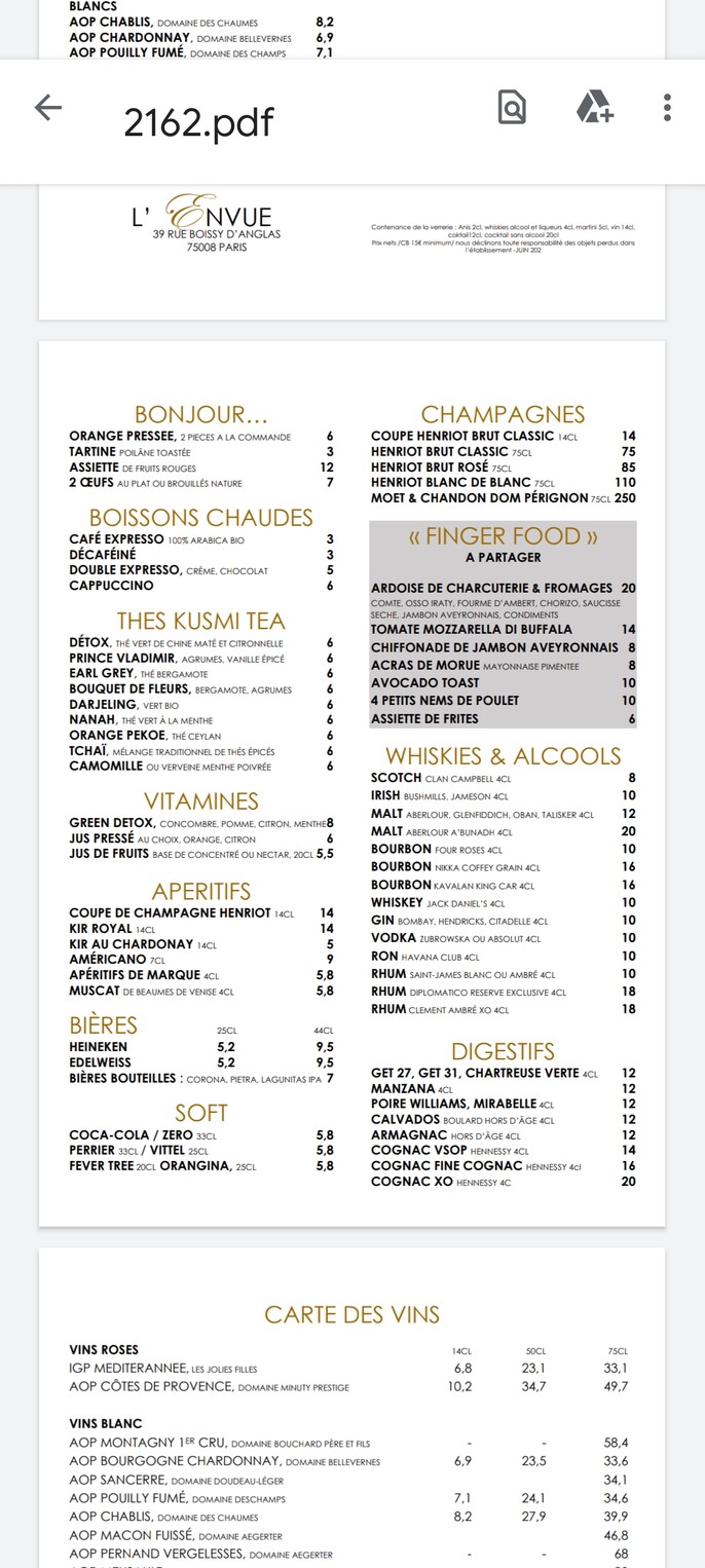L'Envue, Brasserie Parisienne menu 3