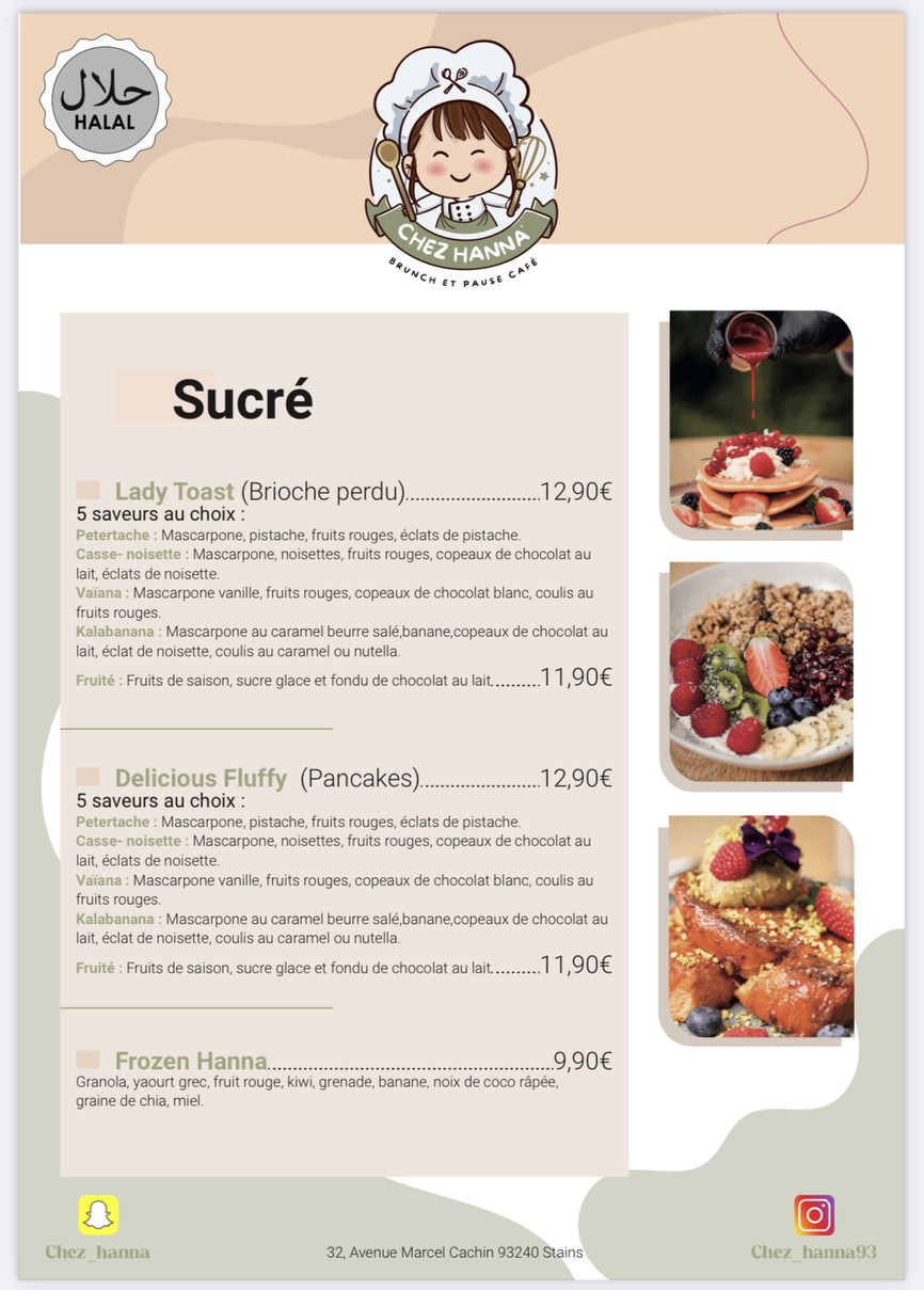 Chez Hanna (Stains) - Restaurant | Brunch & Pause café menu 2