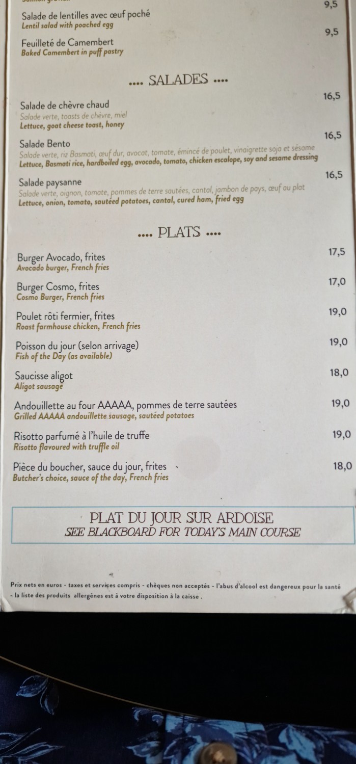 Brasserie Cosmo menu 1