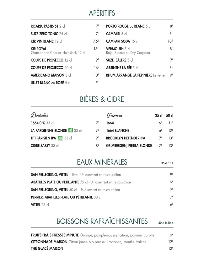La pépinière menu 1
