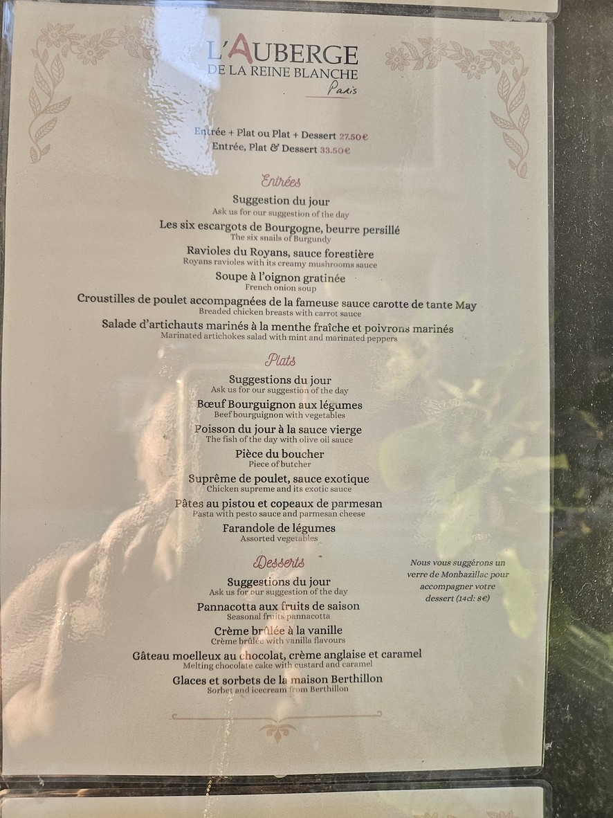 Auberge de la Reine Blanche menu 1