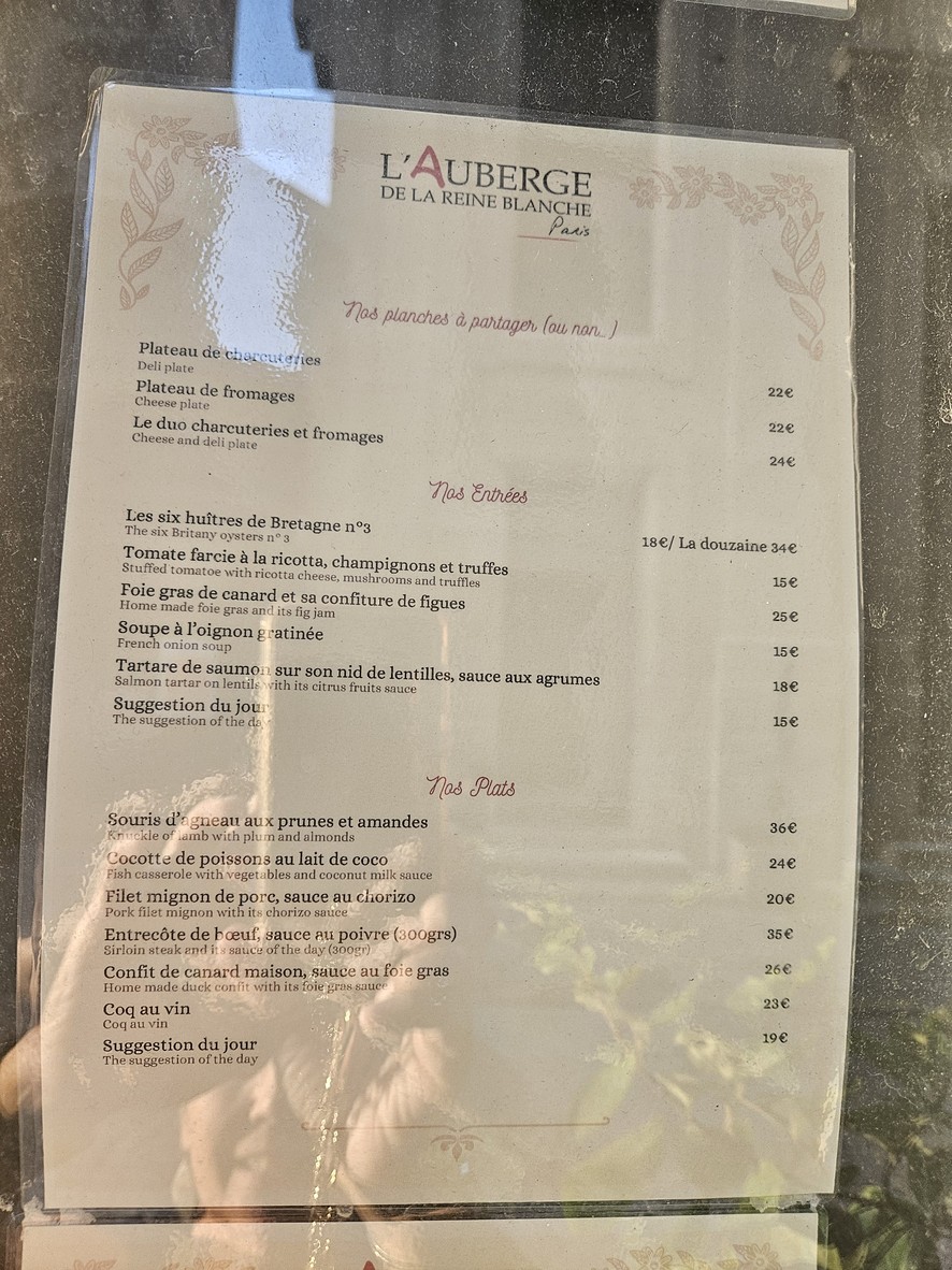 Auberge de la Reine Blanche menu 2