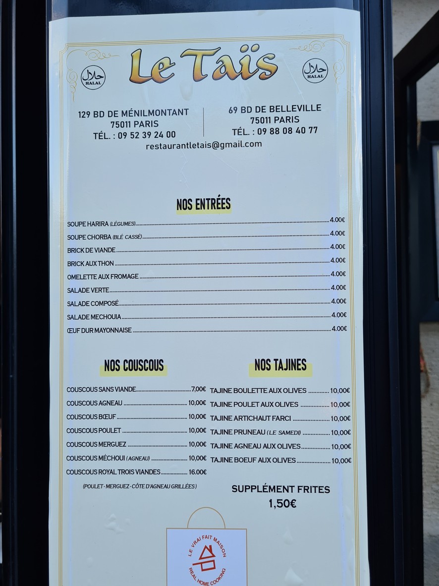 Le Taïs - Algerian couscous restaurant menu 1