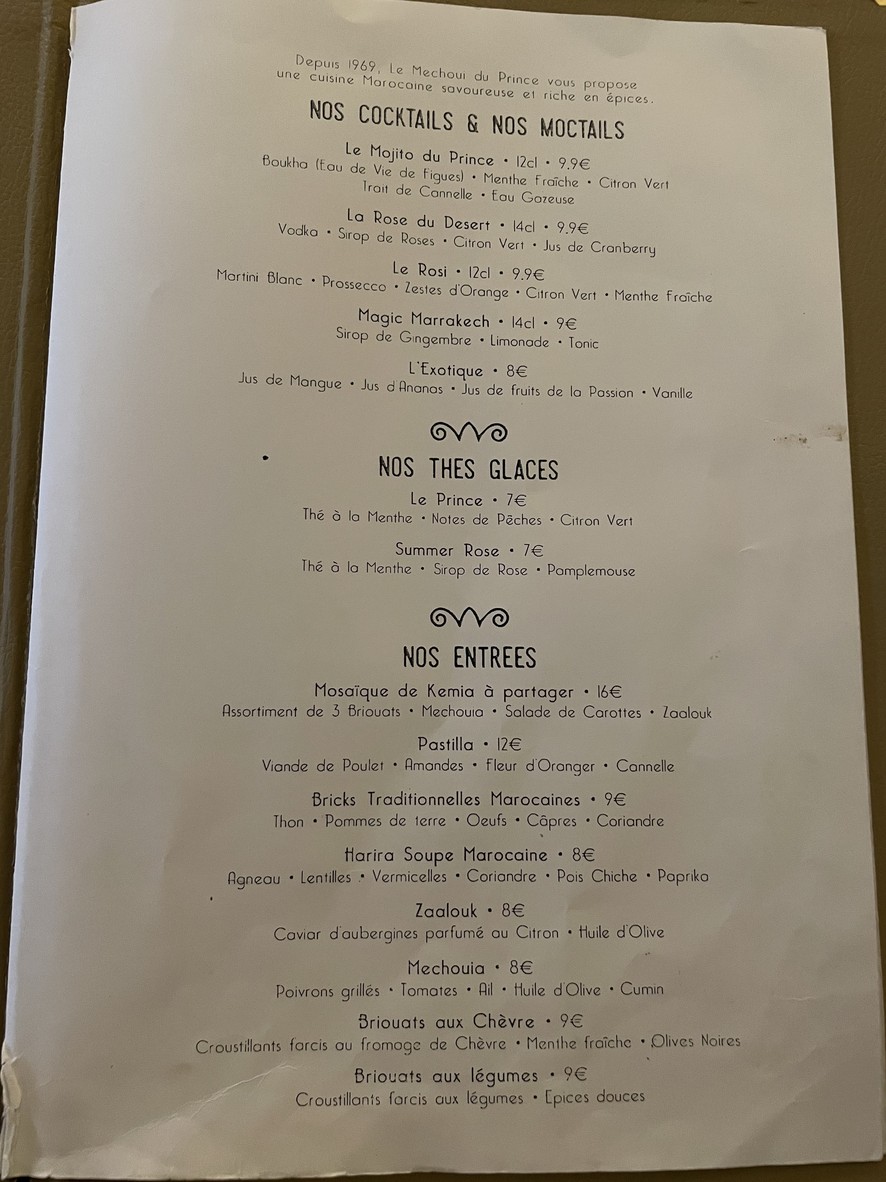 Le Méchoui du Prince menu 1