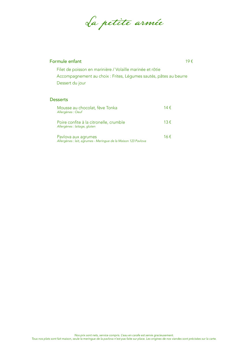 La Petite Armée menu 2