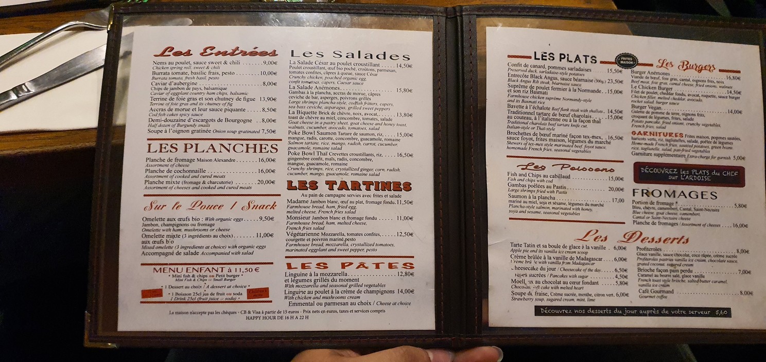 Les Anémones menu 1