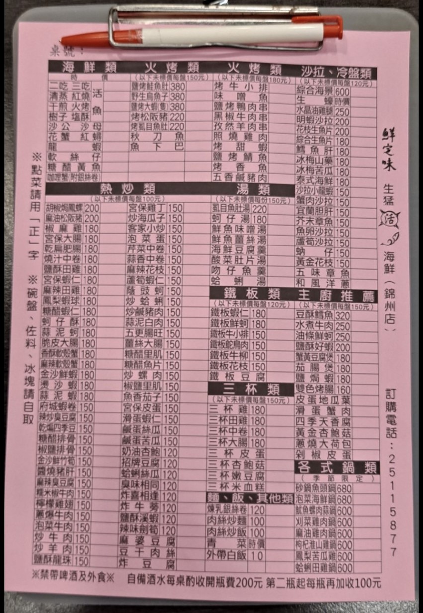Xiān dìng wèi shēng měng hǎi xiān menu 1
