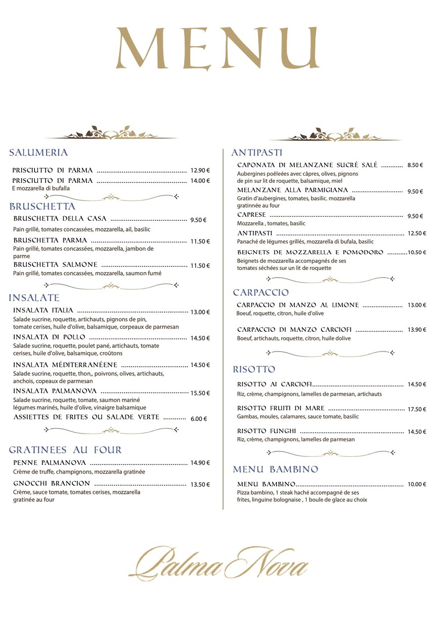 Palmanova Paris menu 1