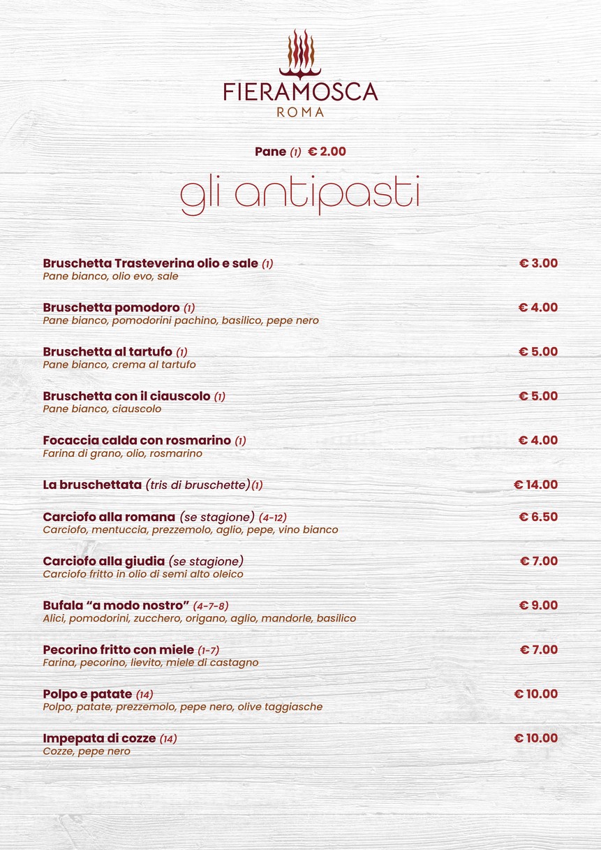 Fieramosca Roma menu 1