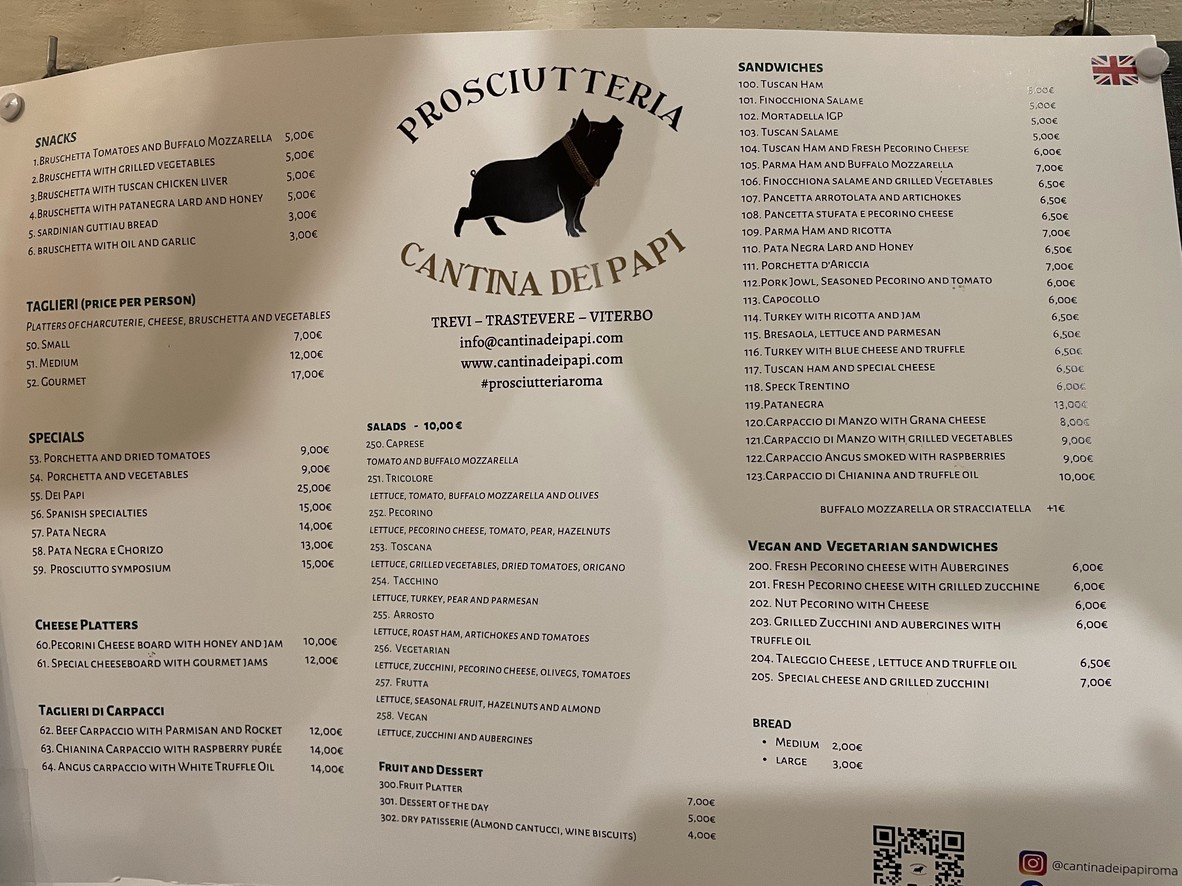 Prosciutteria Cantina dei Papi - Trastevere menu 2