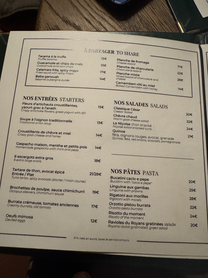 Brasserie Pastis menu 1