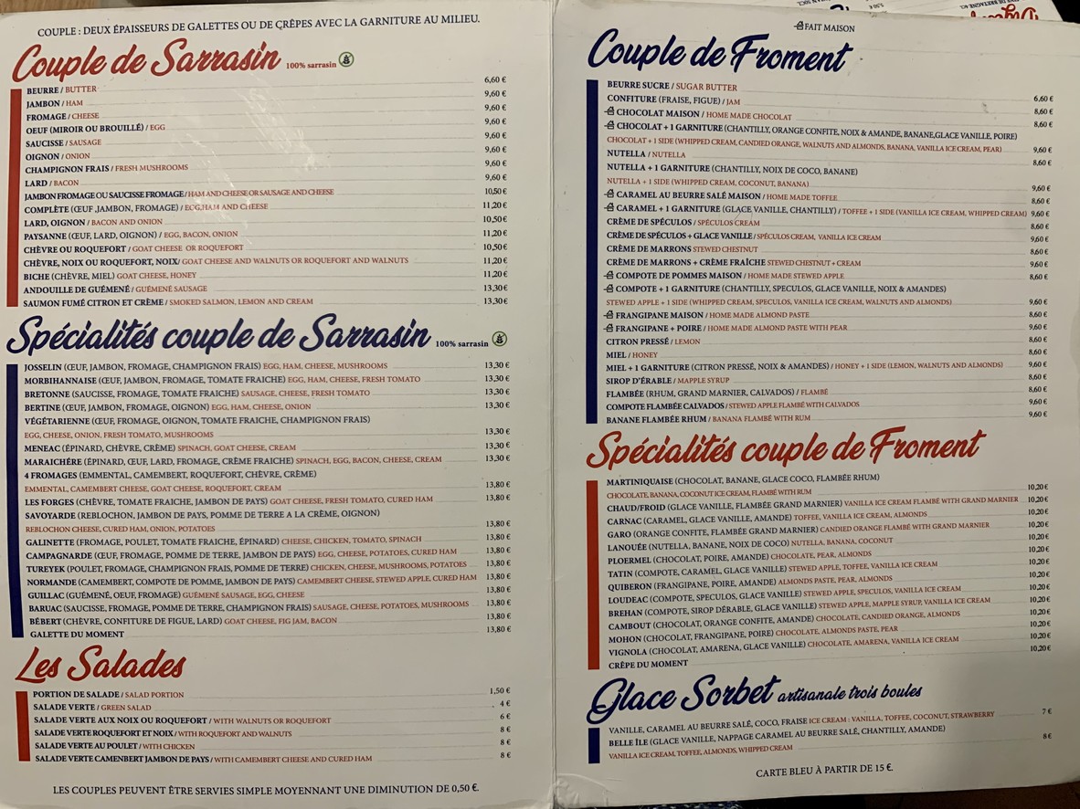 La Crêperie de Josselin menu 1