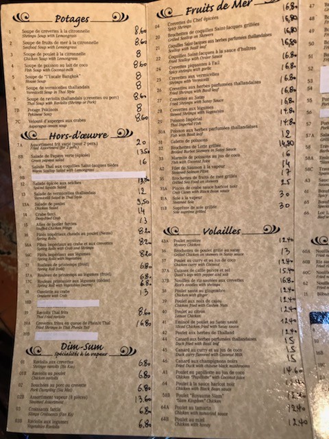 L'Escale Bangkok Restaurant Thailandais menu 1